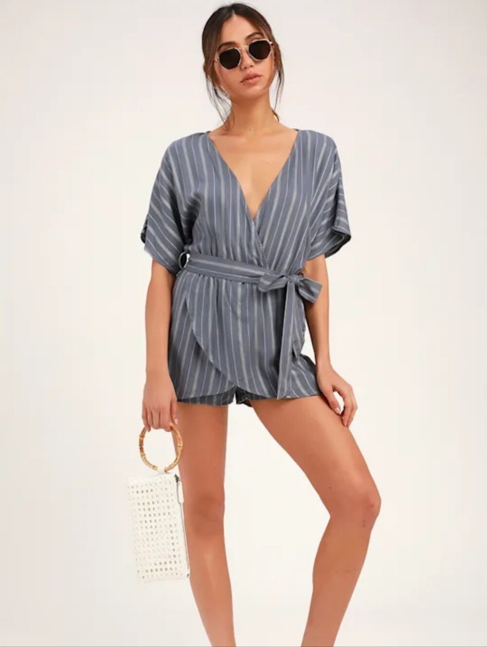 NEW! Climb Aboard Slate Blue Striped Romper Lulus Medium